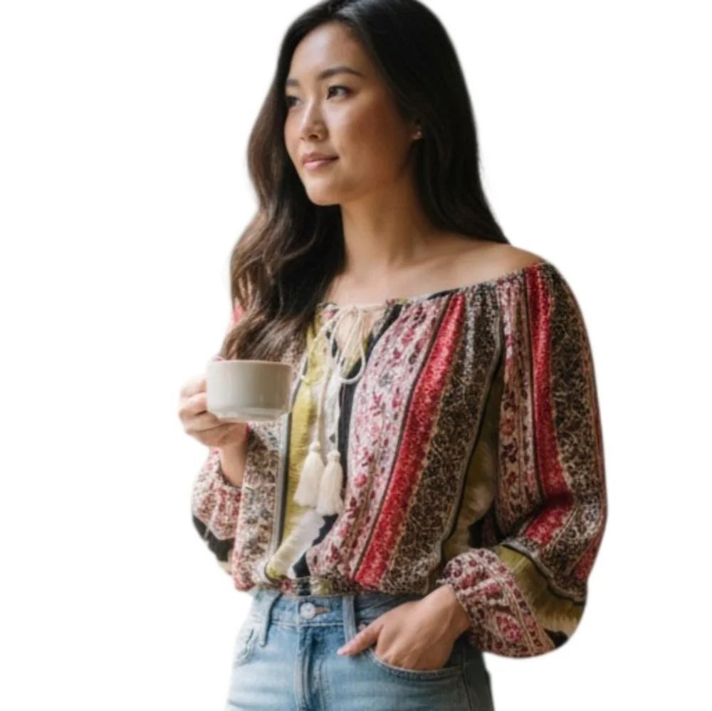 I.JOAH CROP BLACK, GREEN, & RED OFF-THE-SHOULDER TOP SZ.S EUC